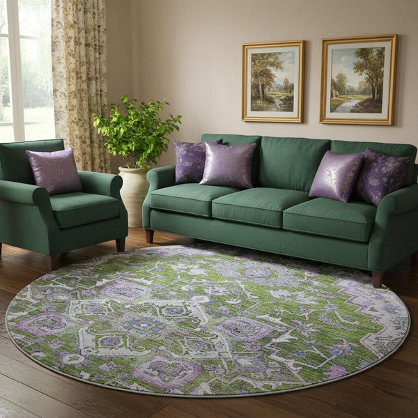 HomeRoots 8' Elegant Olive Green, Purple & Gray Floral Medallion Washable Round Area Rug with UV Protection 664753