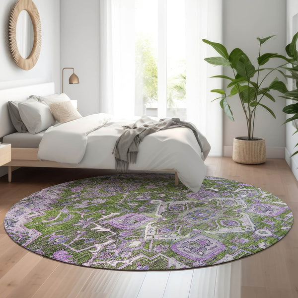 HomeRoots 8' Elegant Olive Green, Purple & Gray Floral Medallion Washable Round Area Rug with UV Protection 664753