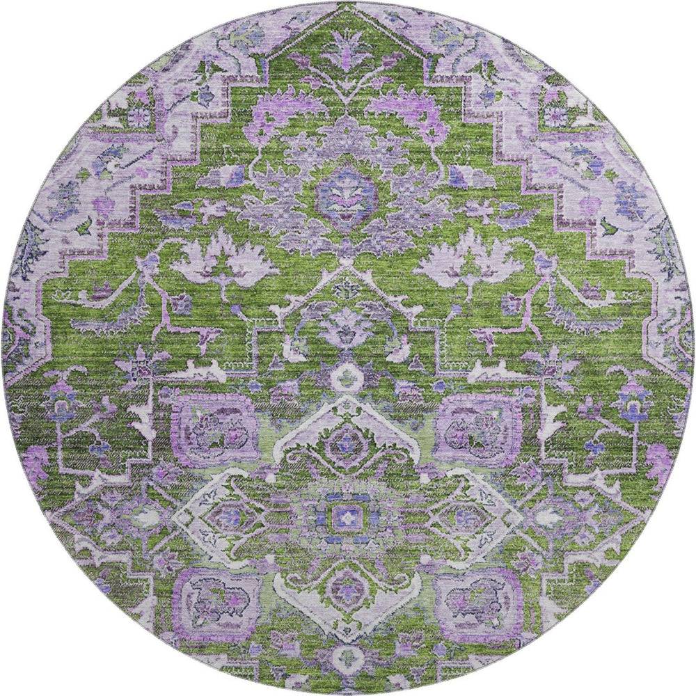 HomeRoots 8' Elegant Olive Green, Purple & Gray Floral Medallion Washable Round Area Rug with UV Protection 664753