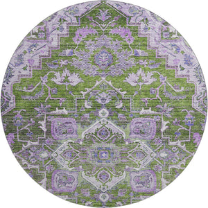 HomeRoots 8' Elegant Olive Green, Purple & Gray Floral Medallion Washable Round Area Rug with UV Protection 664753