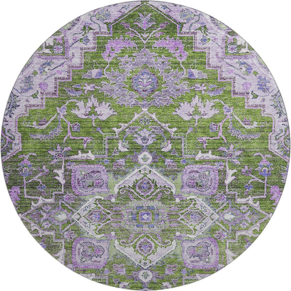 HomeRoots 8' Elegant Olive Green, Purple & Gray Floral Medallion Washable Round Area Rug with UV Protection 664753