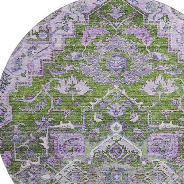 HomeRoots 8' Elegant Olive Green, Purple & Gray Floral Medallion Washable Round Area Rug with UV Protection 664753