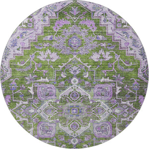 HomeRoots 8' Elegant Olive Green, Purple & Gray Floral Medallion Washable Round Area Rug with UV Protection 664753