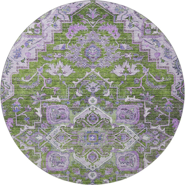 HomeRoots 8' Elegant Olive Green, Purple & Gray Floral Medallion Washable Round Area Rug with UV Protection 664753