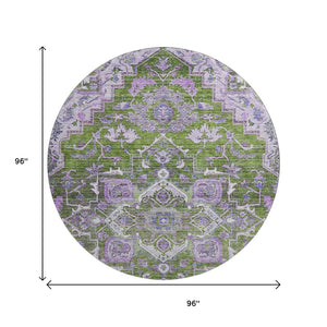 HomeRoots 8' Elegant Olive Green, Purple & Gray Floral Medallion Washable Round Area Rug with UV Protection 664753