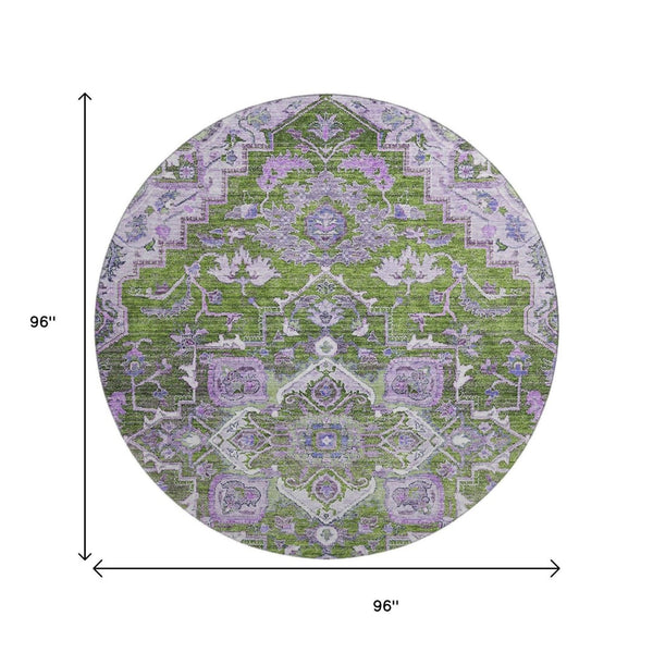 HomeRoots 8' Elegant Olive Green, Purple & Gray Floral Medallion Washable Round Area Rug with UV Protection 664753
