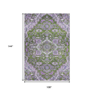 HomeRoots 9' X 12' Washable Floral Medallion Area Rug in Olive Green, Purple & Gray - Durable UV Protected Design 664755