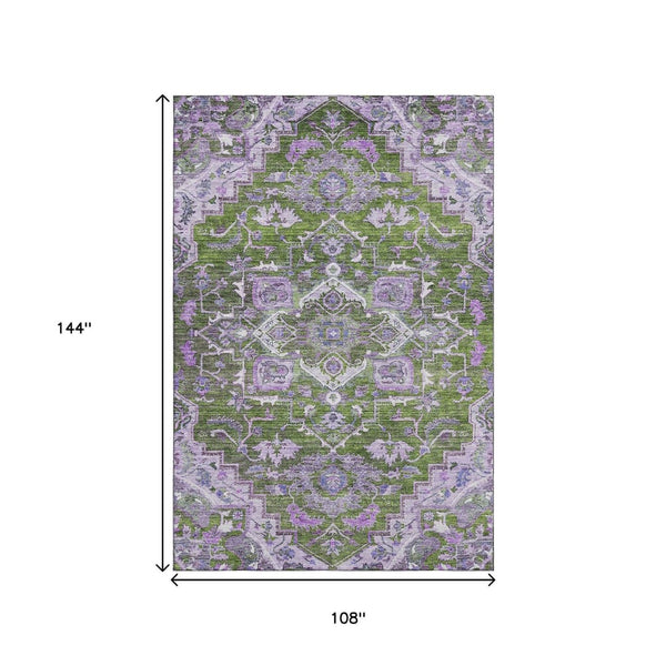 HomeRoots 9' X 12' Washable Floral Medallion Area Rug in Olive Green, Purple & Gray - Durable UV Protected Design 664755
