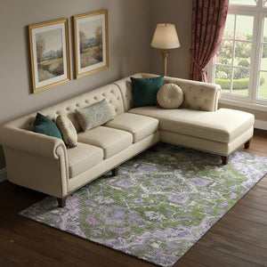 HomeRoots 9' X 12' Washable Floral Medallion Area Rug in Olive Green, Purple & Gray - Durable UV Protected Design 664755