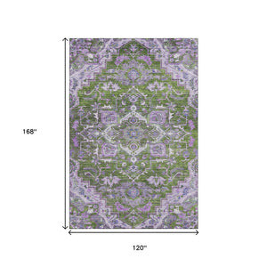 HomeRoots 10' Floral Medallion Area Rug - Olive Green, Purple & Gray - Washable, UV Protected, Pet-Friendly! 664756