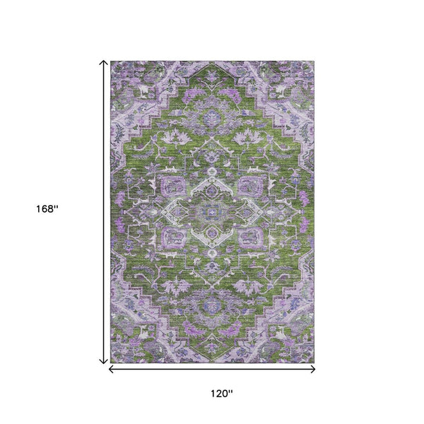 HomeRoots 10' Floral Medallion Area Rug - Olive Green, Purple & Gray - Washable, UV Protected, Pet-Friendly! 664756