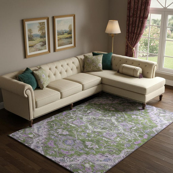 HomeRoots 10' Floral Medallion Area Rug - Olive Green, Purple & Gray - Washable, UV Protected, Pet-Friendly! 664756
