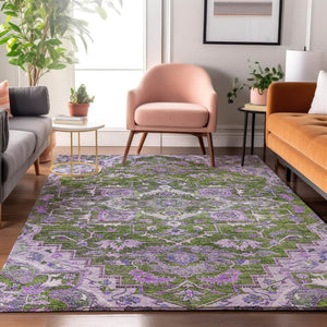 HomeRoots 10' Floral Medallion Area Rug - Olive Green, Purple & Gray - Washable, UV Protected, Pet-Friendly! 664756