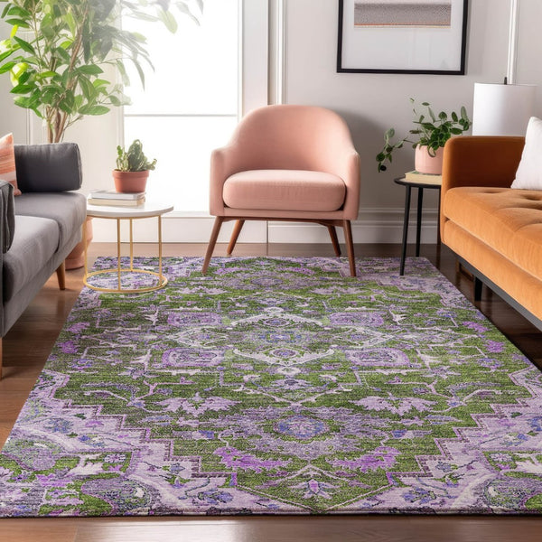 HomeRoots 10' Floral Medallion Area Rug - Olive Green, Purple & Gray - Washable, UV Protected, Pet-Friendly! 664756