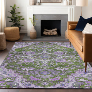HomeRoots 10' Floral Medallion Area Rug - Olive Green, Purple & Gray - Washable, UV Protected, Pet-Friendly! 664756