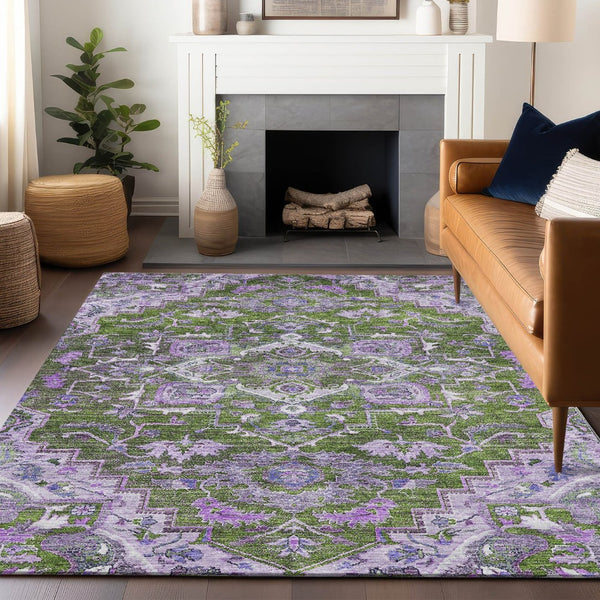 HomeRoots 10' Floral Medallion Area Rug - Olive Green, Purple & Gray - Washable, UV Protected, Pet-Friendly! 664756