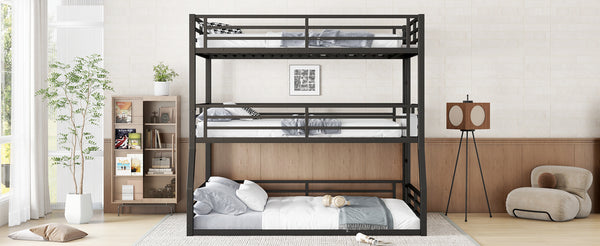 English Elm Full/Full Xl Metal Triple Bunk Bed With Safety Guardrails, Noise-Reduced Design, Black - Perfect For Space-Saving Solutions! W1580S00174