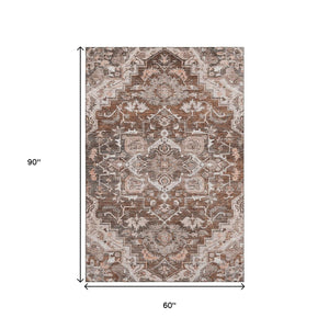 HomeRoots 5' X 8' Washable Floral Medallion Area Rug in Terra Cotta, Beige & Gray - Durable & UV Protected! 664764