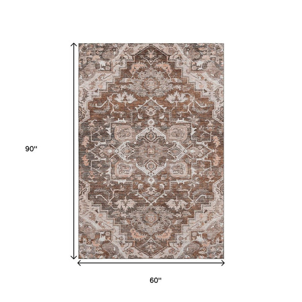 HomeRoots 5' X 8' Washable Floral Medallion Area Rug in Terra Cotta, Beige & Gray - Durable & UV Protected! 664764
