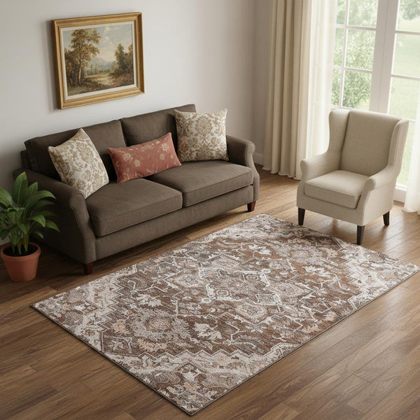 HomeRoots 5' X 8' Washable Floral Medallion Area Rug in Terra Cotta, Beige & Gray - Durable & UV Protected! 664764