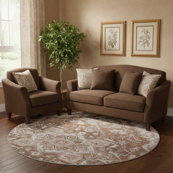 HomeRoots 8' Elegant Terra Cotta Floral Medallion Round Rug - Washable, Stain-Resistant, UV-Protected Design 664765