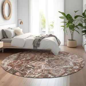 HomeRoots 8' Elegant Terra Cotta Floral Medallion Round Rug - Washable, Stain-Resistant, UV-Protected Design 664765
