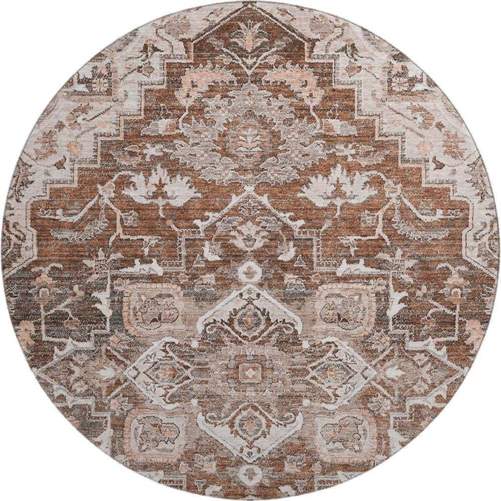 HomeRoots 8' Elegant Terra Cotta Floral Medallion Round Rug - Washable, Stain-Resistant, UV-Protected Design 664765
