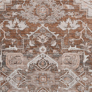 HomeRoots 8' Elegant Terra Cotta Floral Medallion Round Rug - Washable, Stain-Resistant, UV-Protected Design 664765