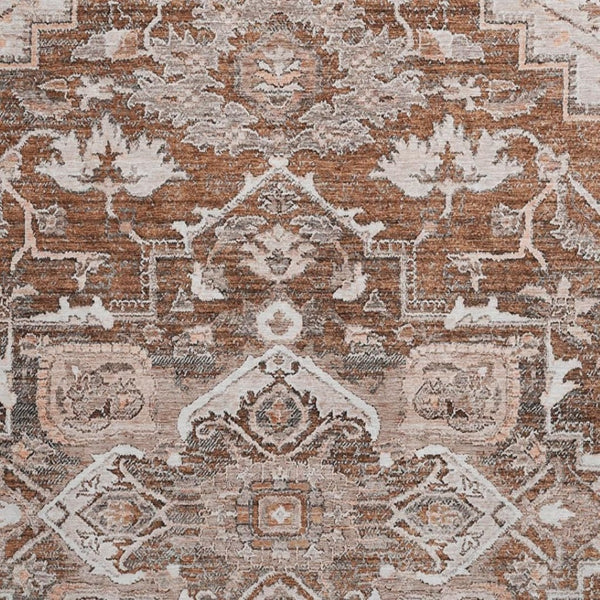 HomeRoots 8' Elegant Terra Cotta Floral Medallion Round Rug - Washable, Stain-Resistant, UV-Protected Design 664765