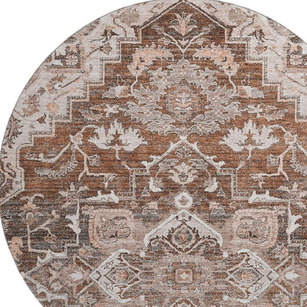 HomeRoots 8' Elegant Terra Cotta Floral Medallion Round Rug - Washable, Stain-Resistant, UV-Protected Design 664765