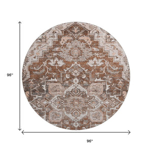 HomeRoots 8' Elegant Terra Cotta Floral Medallion Round Rug - Washable, Stain-Resistant, UV-Protected Design 664765
