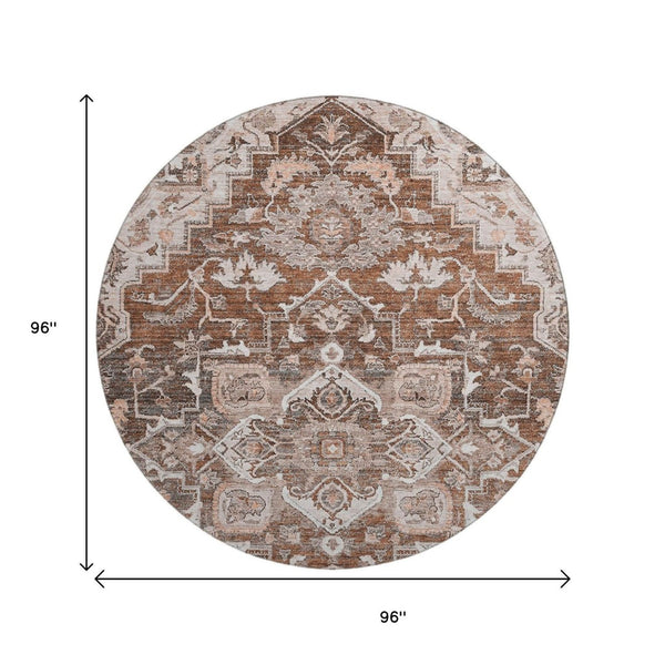 HomeRoots 8' Elegant Terra Cotta Floral Medallion Round Rug - Washable, Stain-Resistant, UV-Protected Design 664765