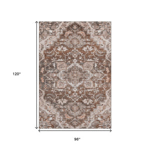 HomeRoots 8' X 10' Floral Medallion Area Rug - Terra Cotta, Beige & Gray - Washable, UV Protected & Stain Resistant! 664766