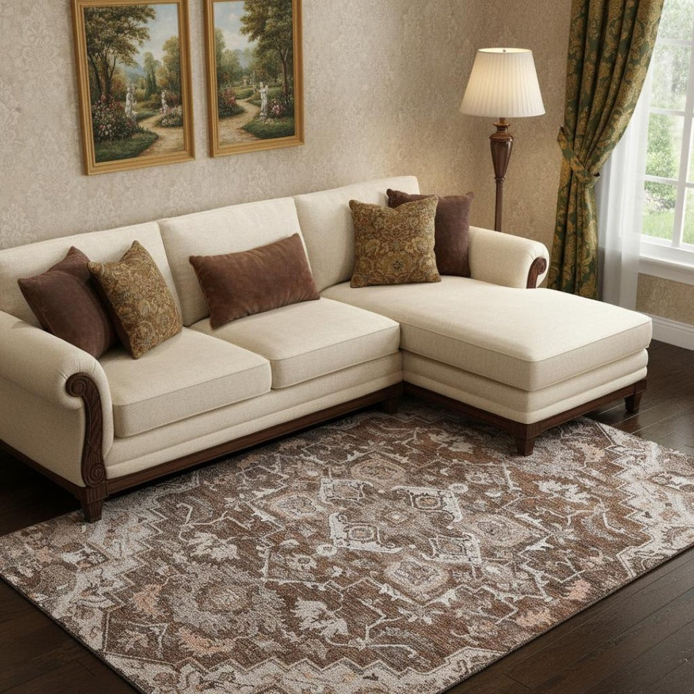 HomeRoots 8' X 10' Floral Medallion Area Rug - Terra Cotta, Beige & Gray - Washable, UV Protected & Stain Resistant! 664766