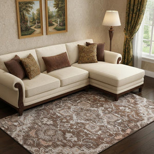 HomeRoots 8' X 10' Floral Medallion Area Rug - Terra Cotta, Beige & Gray - Washable, UV Protected & Stain Resistant! 664766
