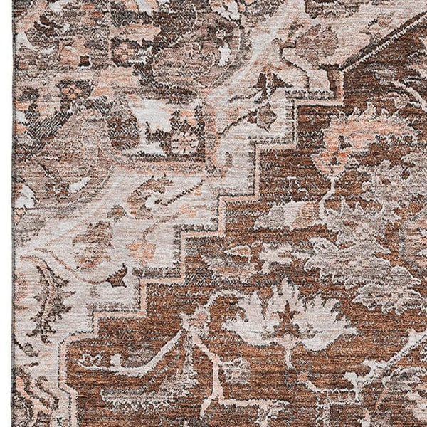 HomeRoots 8' X 10' Floral Medallion Area Rug - Terra Cotta, Beige & Gray - Washable, UV Protected & Stain Resistant! 664766