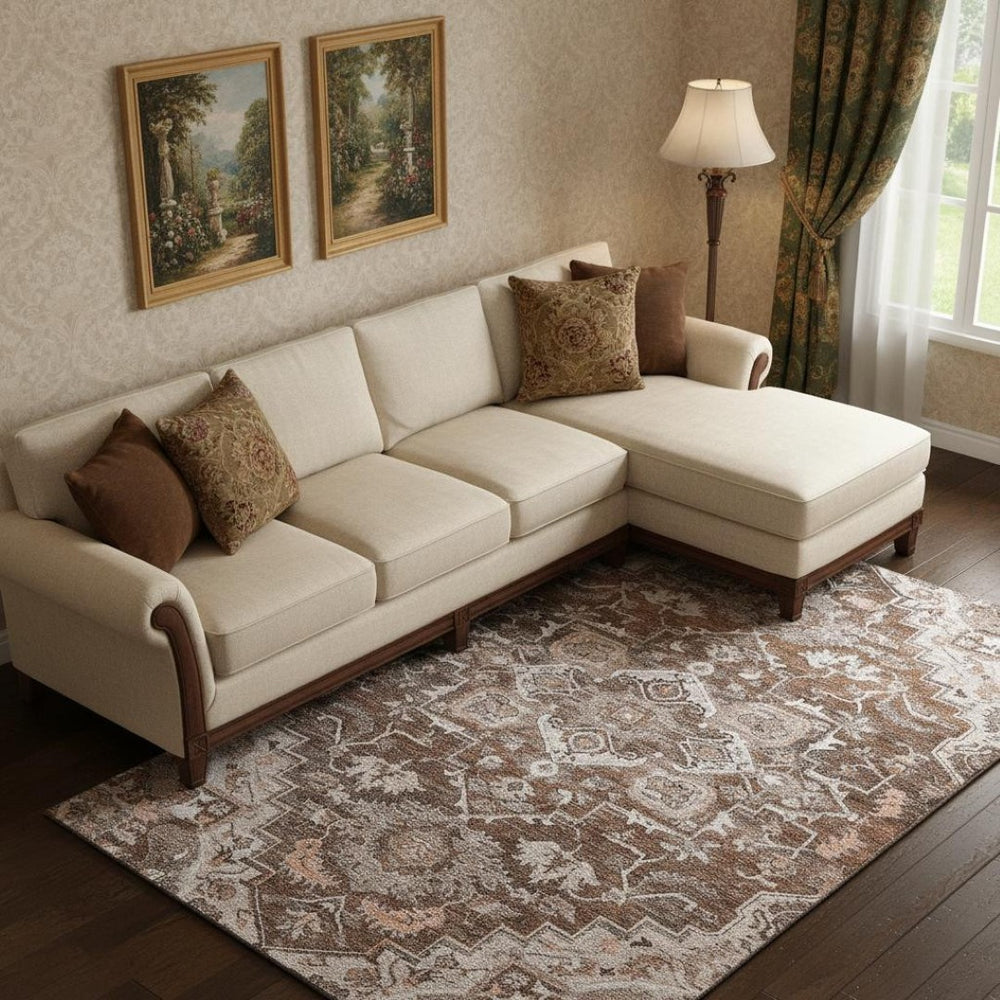 HomeRoots 9' X 12' Terra Cotta Beige Gray Floral Medallion Rug - Washable, UV Protected, Stain Resistant Durability 664767