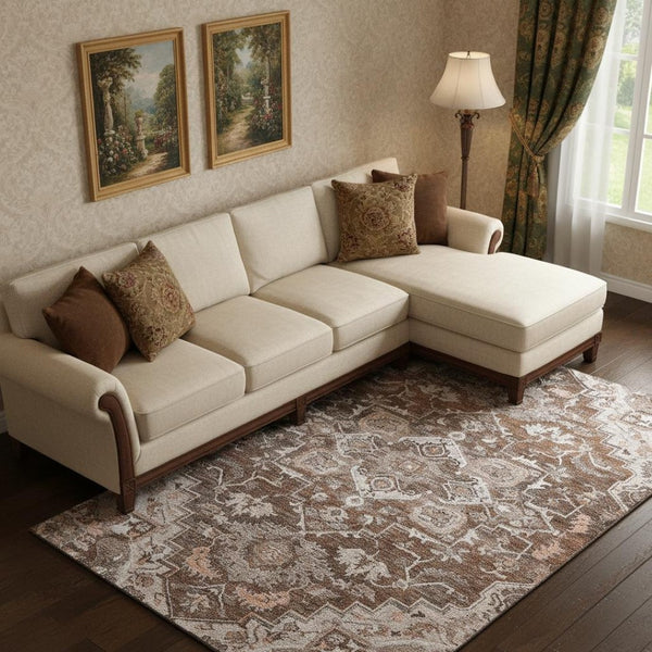 HomeRoots 9' X 12' Terra Cotta Beige Gray Floral Medallion Rug - Washable, UV Protected, Stain Resistant Durability 664767