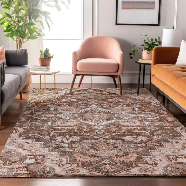 HomeRoots 10' X 14' Floral Medallion Area Rug in Terra Cotta & Gray - Washable, UV Protected, Stain Resistant! 664768