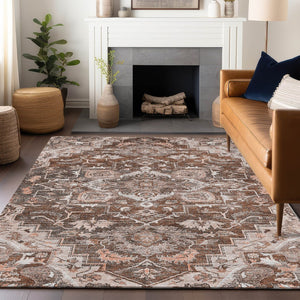 HomeRoots 10' X 14' Floral Medallion Area Rug in Terra Cotta & Gray - Washable, UV Protected, Stain Resistant! 664768