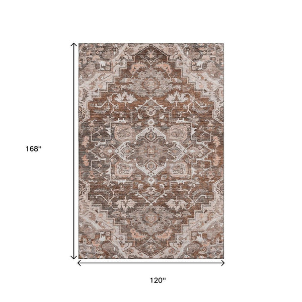 HomeRoots 10' X 14' Floral Medallion Area Rug in Terra Cotta & Gray - Washable, UV Protected, Stain Resistant! 664768