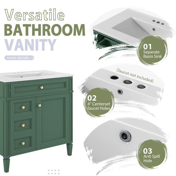 English Elm 30'' Modern Bathroom Vanity with Integrated Mirror Cabinet, Ceramic Sink, 3 Drawers & Ample Storage Green SW000126AAF-1