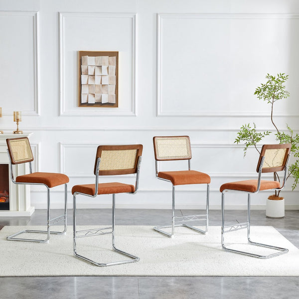 English Elm Natural Rattan Backrest Counter Stools Set of 4 with Chrome Legs and Pu Leather Seats W2920S00107