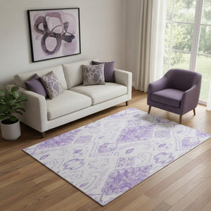 HomeRoots 5' X 8' Purple And Ivory Moroccan Area Rug – Washable, UV-Protected, Stylish & Stain-Resistant Design 664812