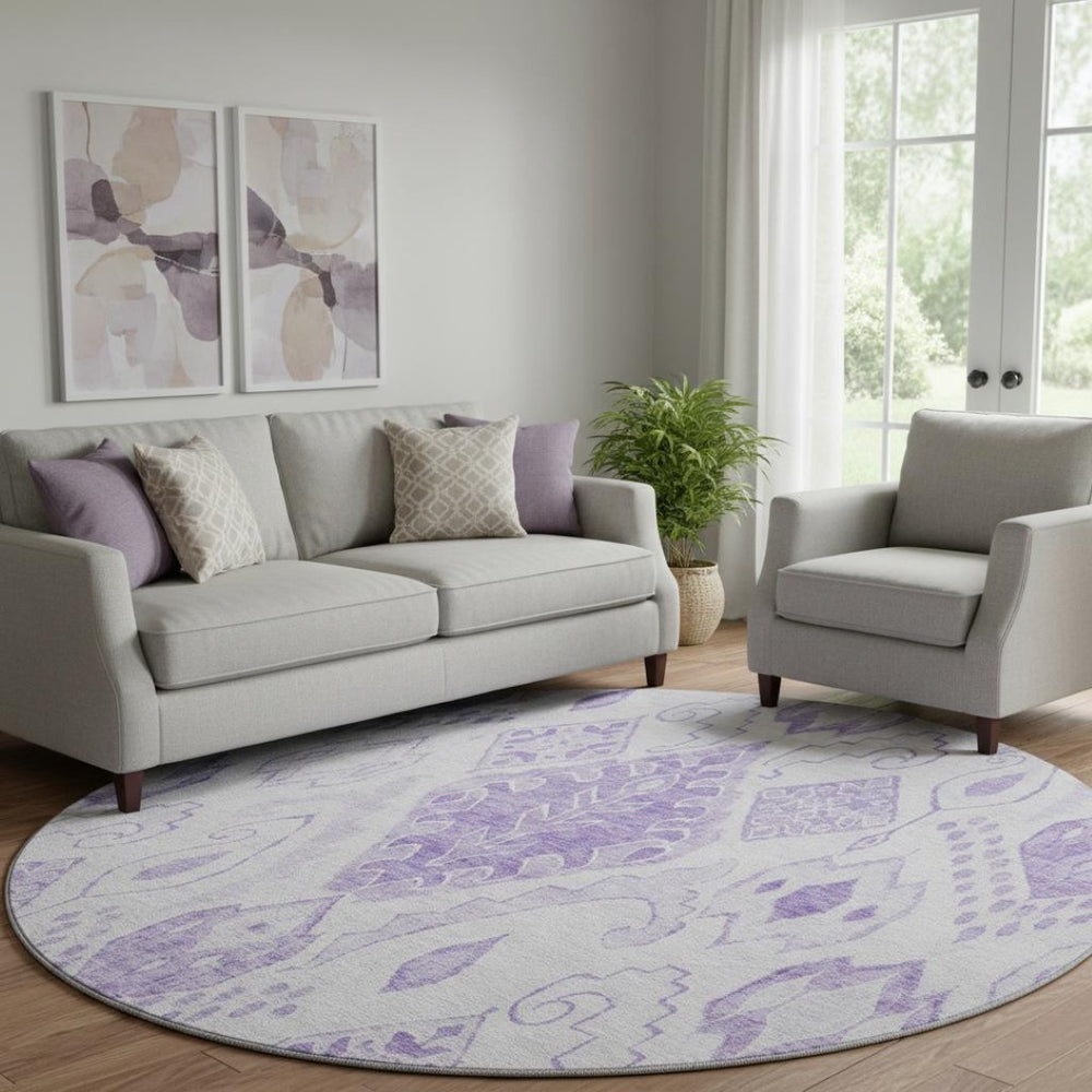 HomeRoots 8' Moroccan Round Rug in Vibrant Purple & Ivory - Washable, UV Protected, Stylish & Durable Design 664813