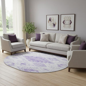 HomeRoots 8' Moroccan Round Rug in Vibrant Purple & Ivory - Washable, UV Protected, Stylish & Durable Design 664813