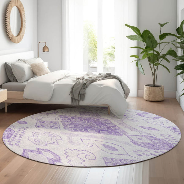 HomeRoots 8' Moroccan Round Rug in Vibrant Purple & Ivory - Washable, UV Protected, Stylish & Durable Design 664813
