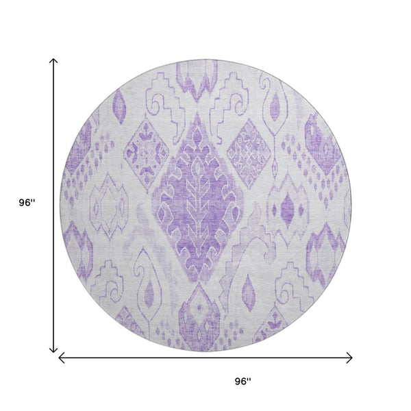 HomeRoots 8' Moroccan Round Rug in Vibrant Purple & Ivory - Washable, UV Protected, Stylish & Durable Design 664813