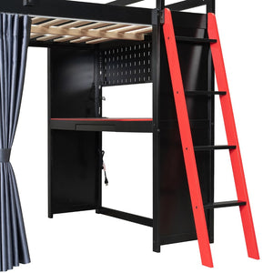 English Elm Full Size Wood Loft Bed with Wardrobe Desk Shelves Rgb Lighting and Blackout Curtains Black+Red LT000269AAJ-1