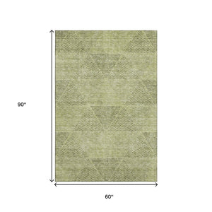 HomeRoots 5' Modern Geometric Artichoke Green, Gray & Silver Washable Area Rug with UV Protection & Durability 664830